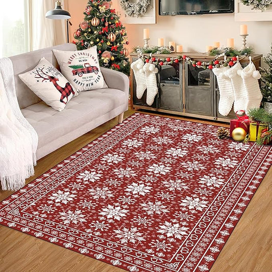 5' X 7' Christmas Rugs Xmas Area Rug for Living Room Bedroom Dining Room Dorm Classroom Nursery Red Snowflake and Plaid Carpet Doormat Floor Mat Pad Winter Vintage