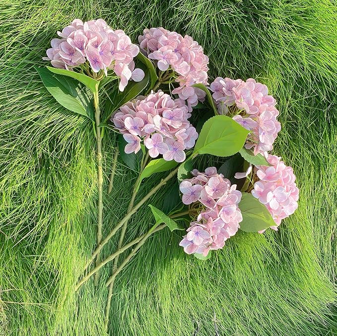 4PCS Ash Purple Hydrangea Artificial Flowers，Real Touch 23 inch Latex Fall Hydrangeas with Long Stems & Leaves for Centerpieces Tables