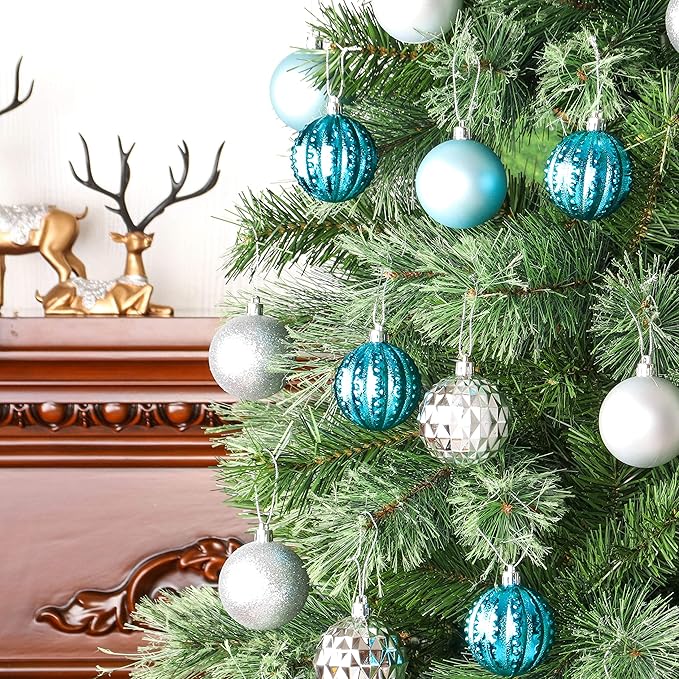 45Pcs 6cm/2.36inch Christmas Balls Glitter Ornaments Set, Shatterproof Plastic Xmas Tree Hanging Ornament, Christmas Decorations Balls for Holiday Festival Wedding House Bar Party(Blue/Silver)