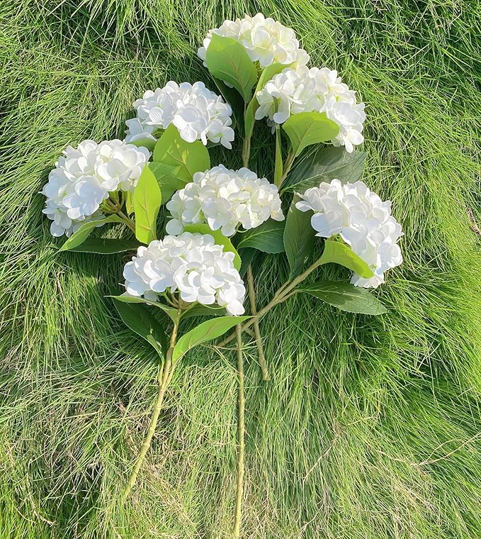 4PCS 23 inch Hydrangea Artificial Flowers，Large White Real Touch Hydrangeas，Fake Soft Hydrangeas with Leaves Stems - White