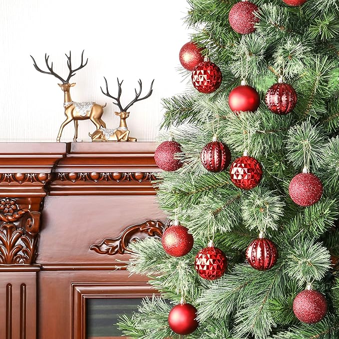 45Pcs 6cm/2.36inch Christmas Balls Glitter Ornaments Set, Shatterproof Plastic Xmas Tree Hanging Ornament, Christmas Decorations Balls for Holiday Festival Wedding House Bar Party(Red/Wine)