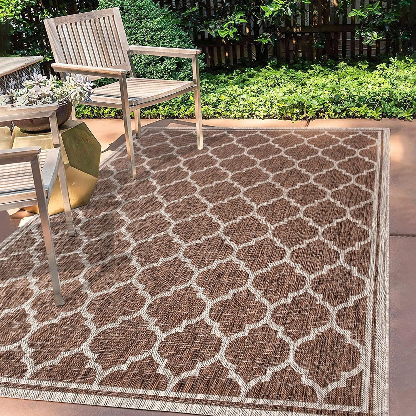 Eyely BMS109B-6 Santa Monica Trebol Moroccan Trellis Textured Weave, Pet Friendly, Non-Shedding, Stain Resistant, Easy-Cleaning, Espresso/Taupe, 6 ft. x 9 ft., Indoor/Outdoor, Area Rug