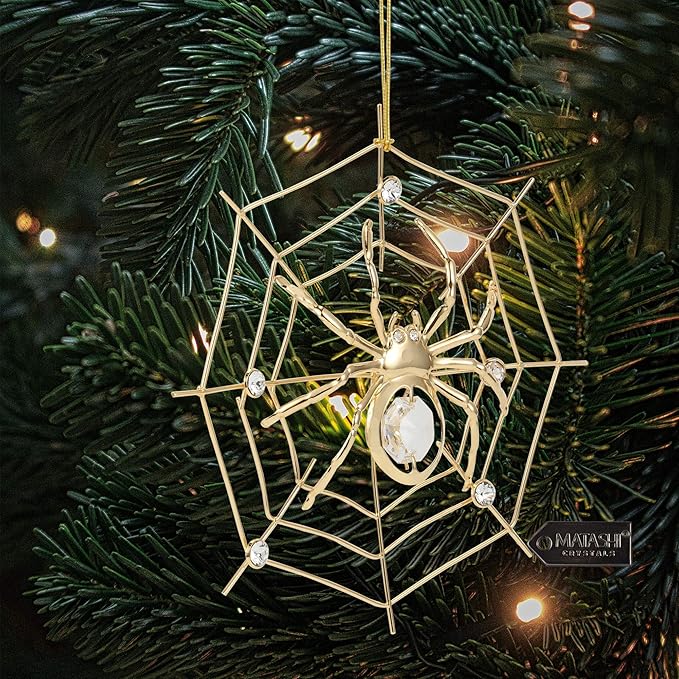 Matashi 24K Gold Plated Crystal Studded Lucky Spider Hanging Ornaments for Christmas Tree Spider Miracle Traditions, Decor - with Story of The Tradition of Tinsel Legend Spider on Web Ornament