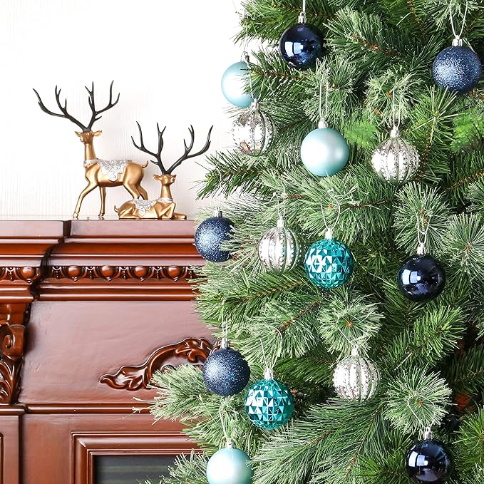 45Pcs 6cm/2.36inch Christmas Balls Glitter Ornaments Set, Shatterproof Plastic Xmas Tree Hanging Ornament, Christmas Decorations Balls for Holiday Festival Wedding House Bar Party(Navy/Blue/Silver)