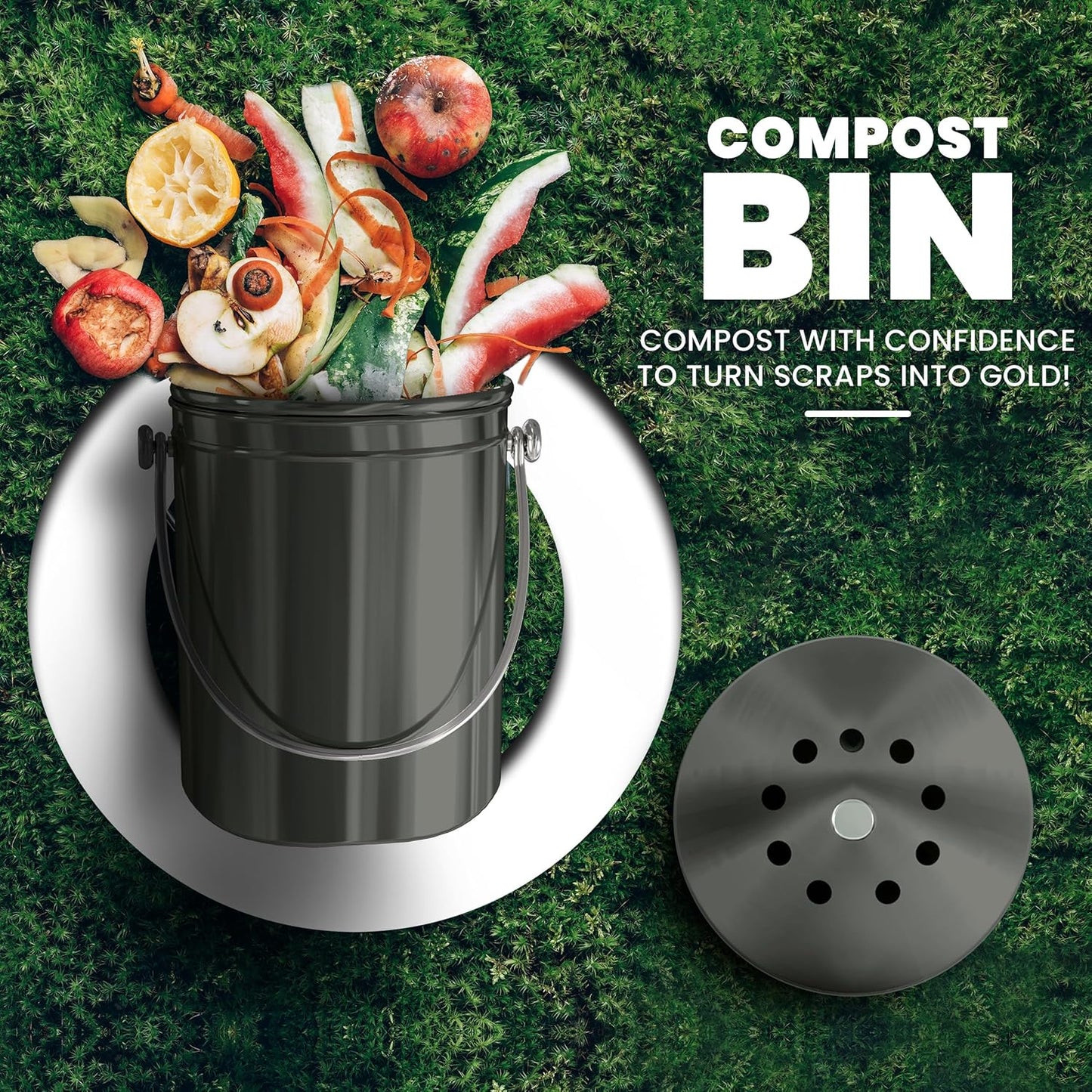 Utopia Kitchen Compost Bin for Kitchen Countertop, 1.3 Gallon Compost Bucket for Kitchen with Lid, Includes 1 Spare Charcoal Filter (Grey)