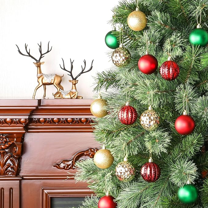 45Pcs 6cm/2.36inch Christmas Balls Glitter Ornaments Set, Shatterproof Plastic Xmas Tree Hanging Ornament, Christmas Decorations Balls for Holiday Festival Wedding House Bar Party(Red/Gold/Green)