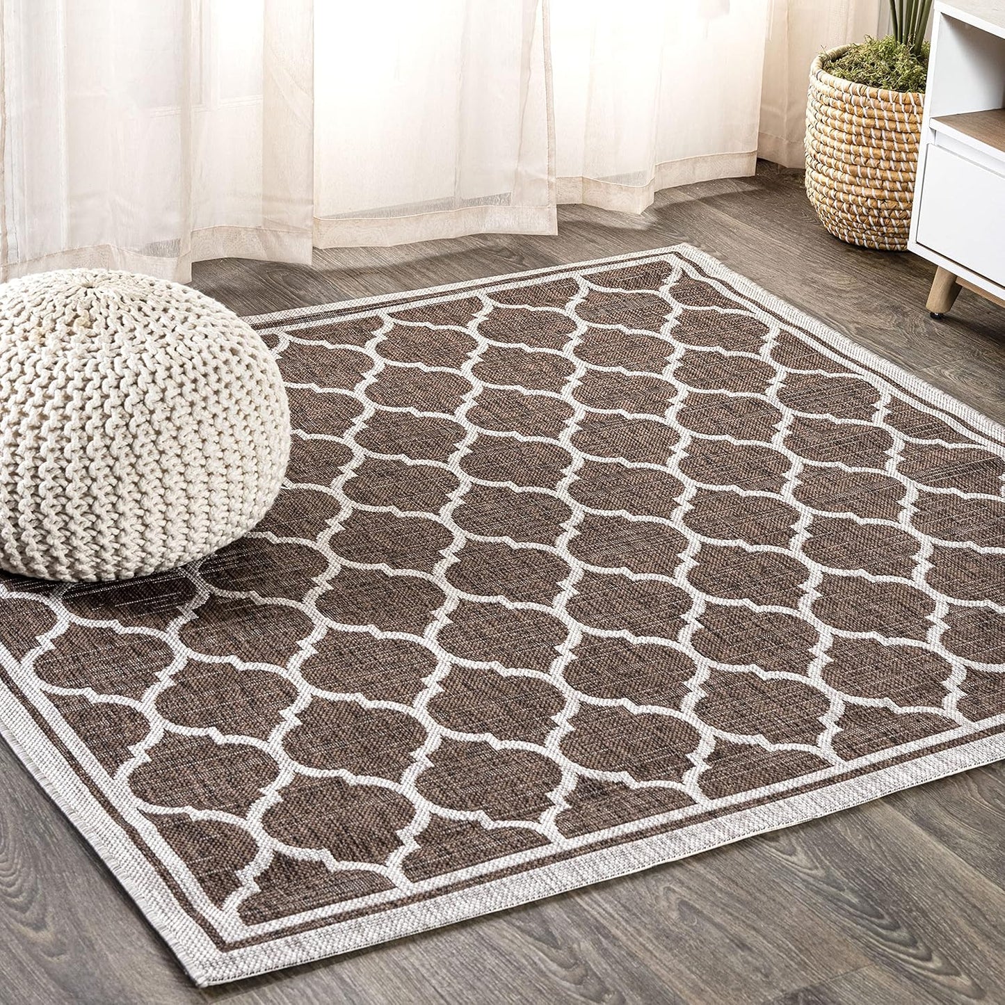 Eyely BMS109B-3SQ Santa Monica Trebol Moroccan Trellis Textured Weave, Pet Friendly, Non-Shedding, Stain Resistant, Easy-Cleaning, Espresso/Taupe, 3' Square, Indoor/Outdoor, Area Rug