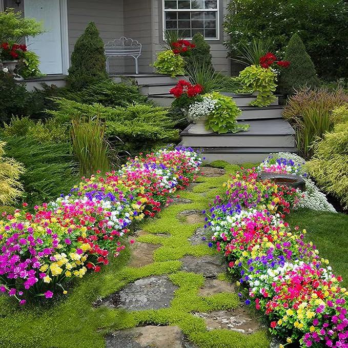 24 Bundles Artificial Flowers Outdoor Fake Mums Outdoor Plants Faux Flowers Bushes Bulk UV Resistant Plastic Greenery Decoration for Front Door Porch Outside Garden décor, 6 Colors